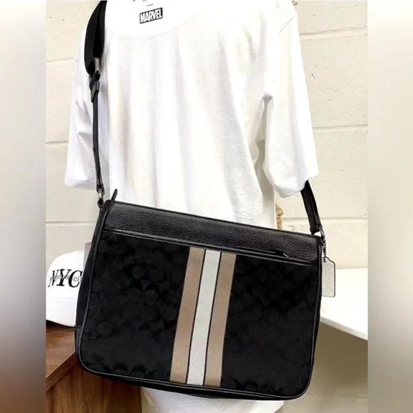 Coach Thompson Signature Stripe Messenger Crossbody Bag | Black Leather Canvas - Picture 12 of 16